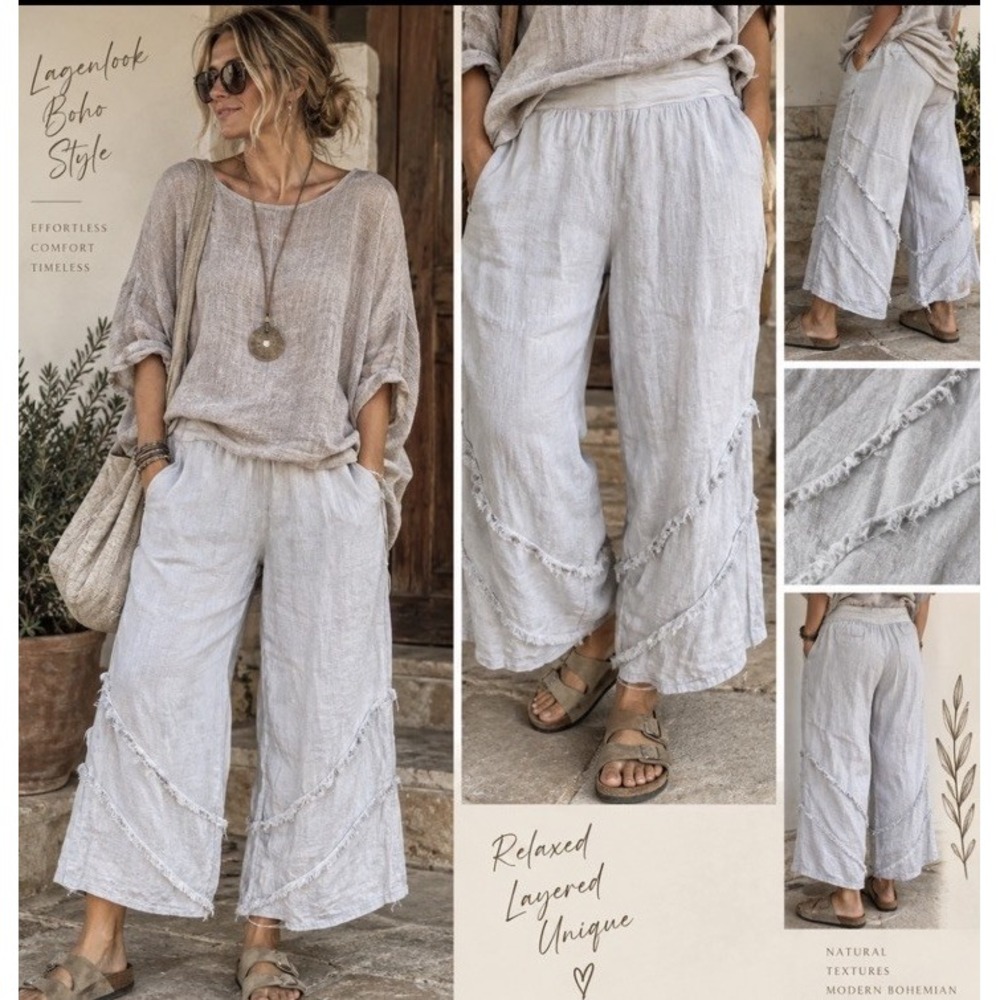 Belle France 100% Linen Boho Pants Made In Italy Natural Flowy Lagenlook L MINT